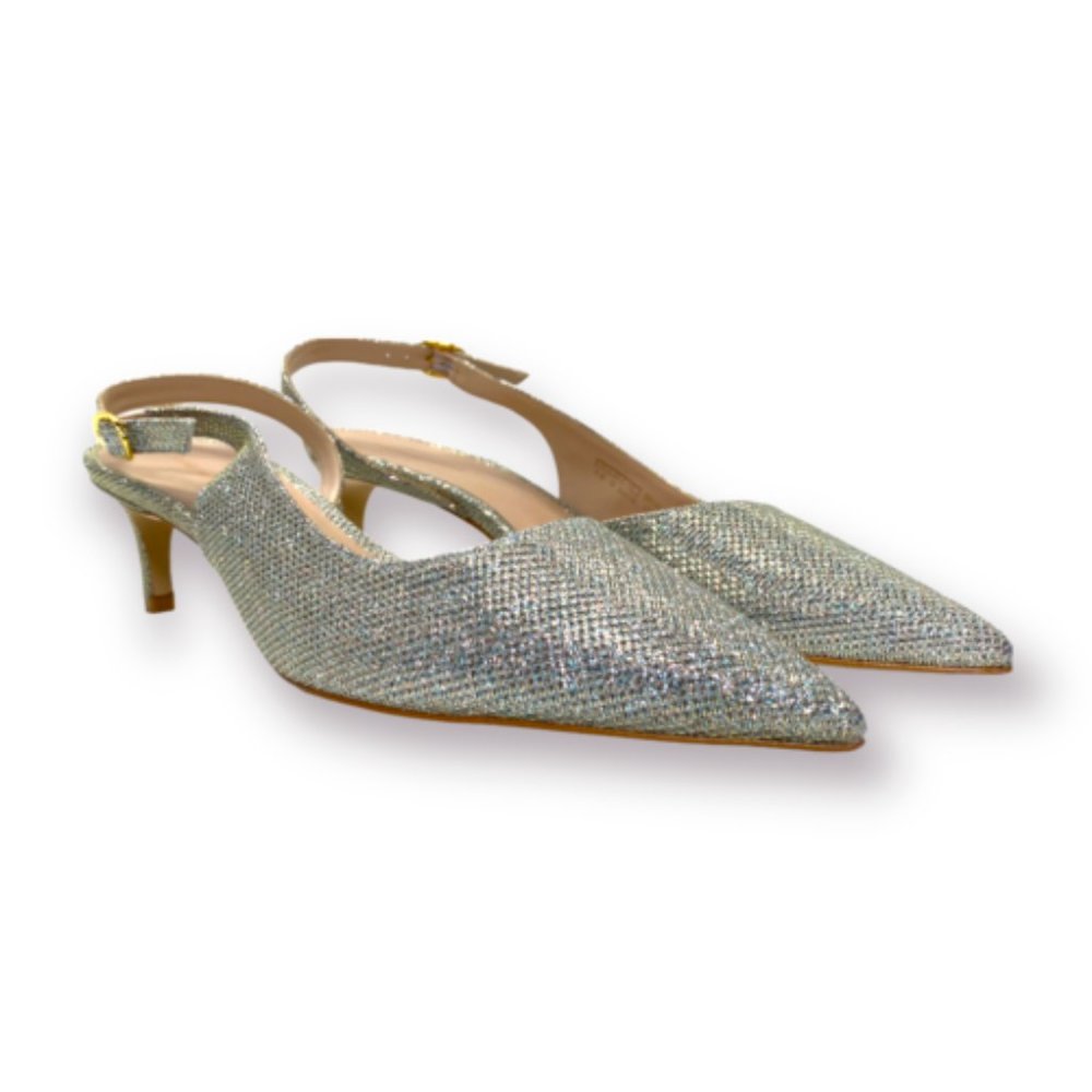 $475 STUART WEITZMAN AVENUE LIGHT GOLD GLITTER SLINGBACK Pointy PUMP 8.5 (PA8)